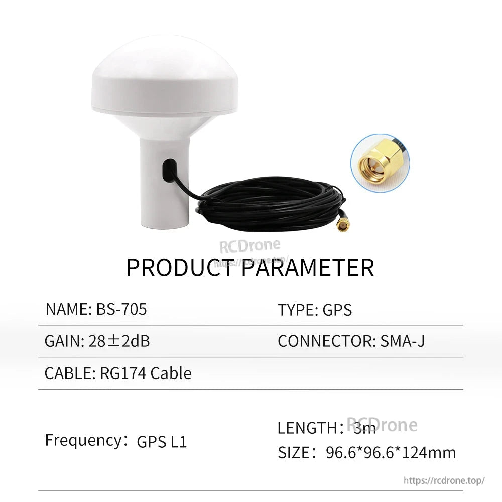 BS-705 GPS antenna parameter chart with RG174 cable, SMA-J connector, 3m length and size shown