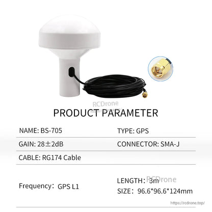 BS-705 GPS antenna parameter chart with RG174 cable, SMA-J connector, 3m length and size shown