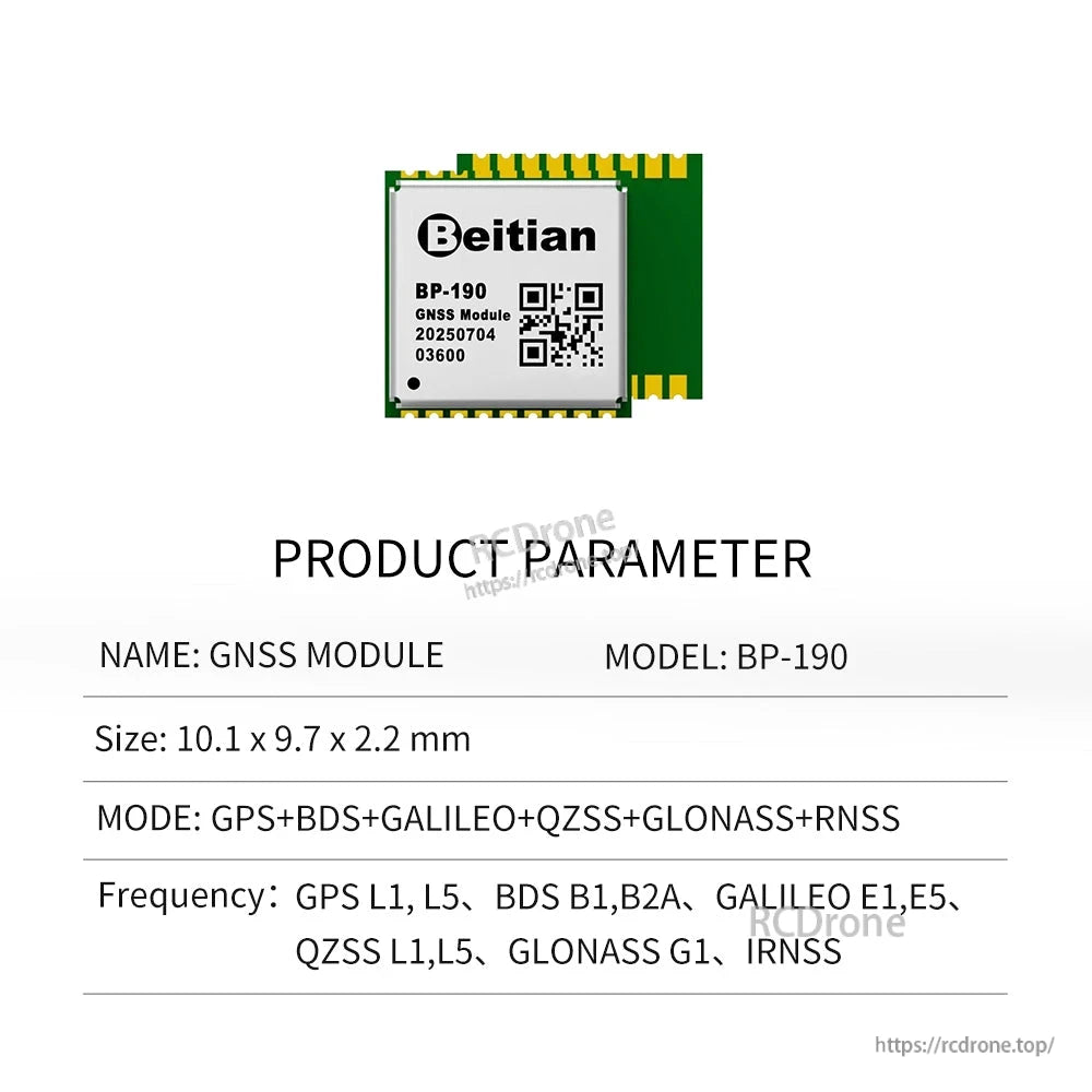 BP-190 GNSS module product parameter table showing model BP-190 and size 10.1 × 9.7 × 2.2 mm