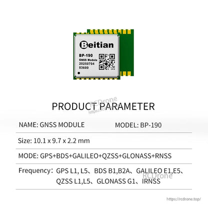 BP-190 GNSS module product parameter table showing model BP-190 and size 10.1 × 9.7 × 2.2 mm