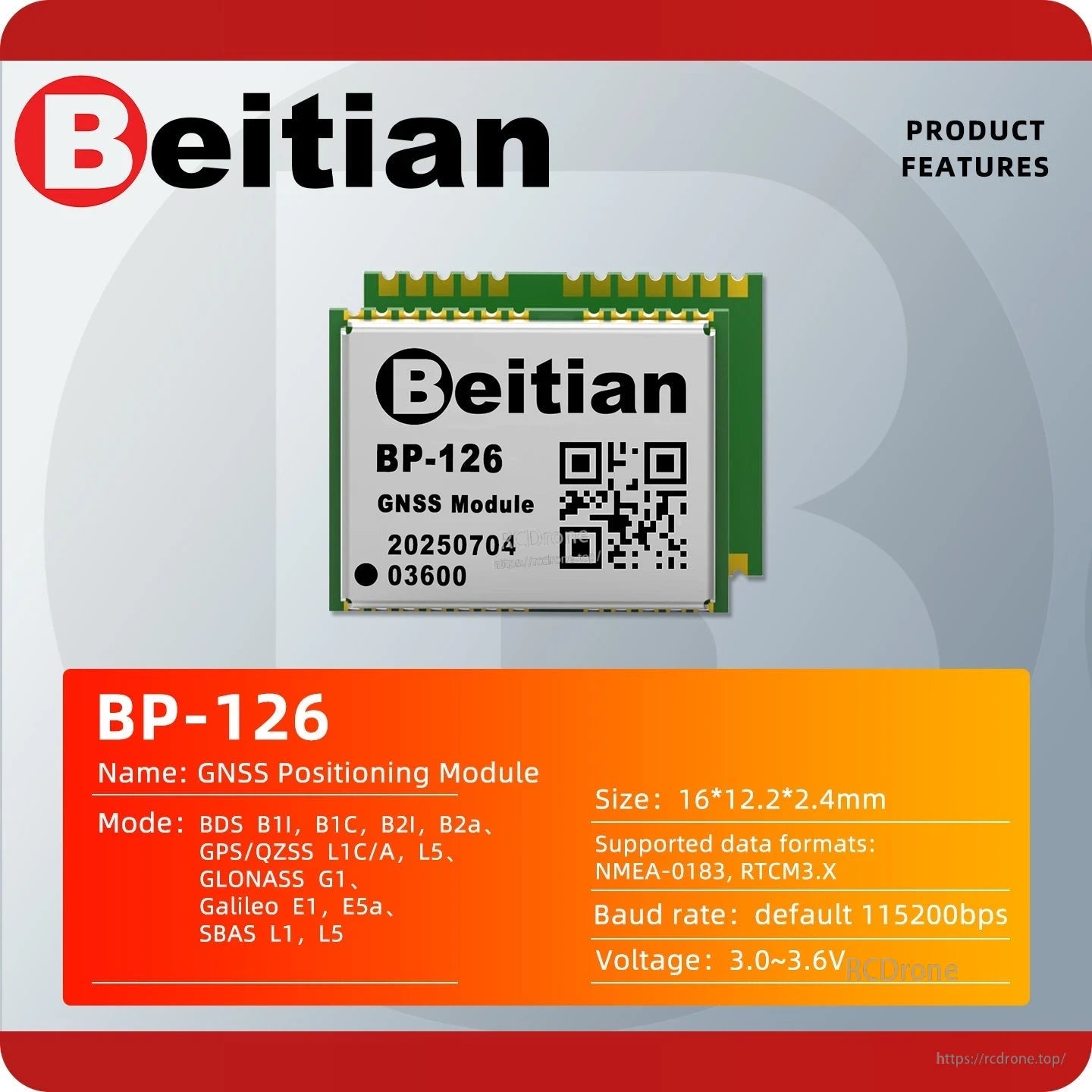 Beitian BP-126 GNSS positioning module product features card with supported systems, size, data formats and voltage