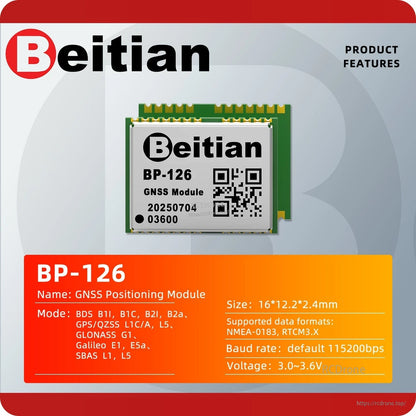 Beitian BP-126 GNSS positioning module product features card with supported systems, size, data formats and voltage