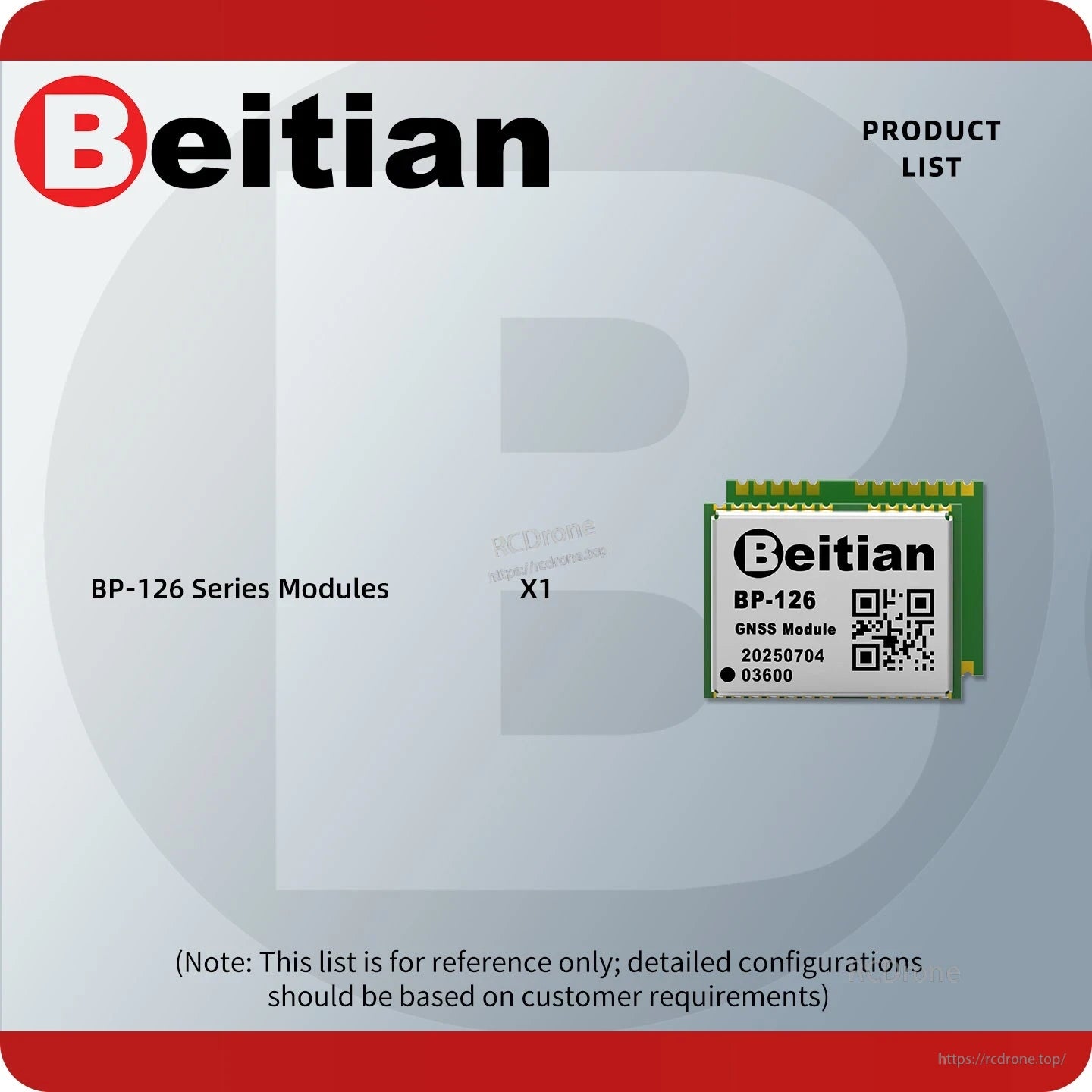 Product list graphic showing BP-126 series modules package contents: 1 piece included