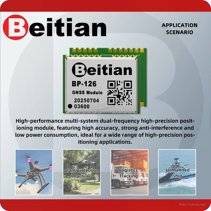 Beitian BP-126 application scenario graphic with icons for drone, plant protection machine, logistics tracking and unmanned ship