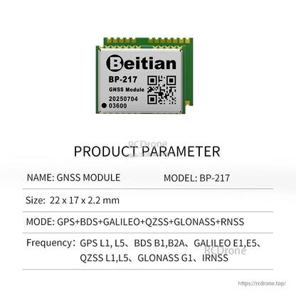 BP-217 GNSS module product parameter table showing model BP-217 and size 22 × 17 × 2.2 mm