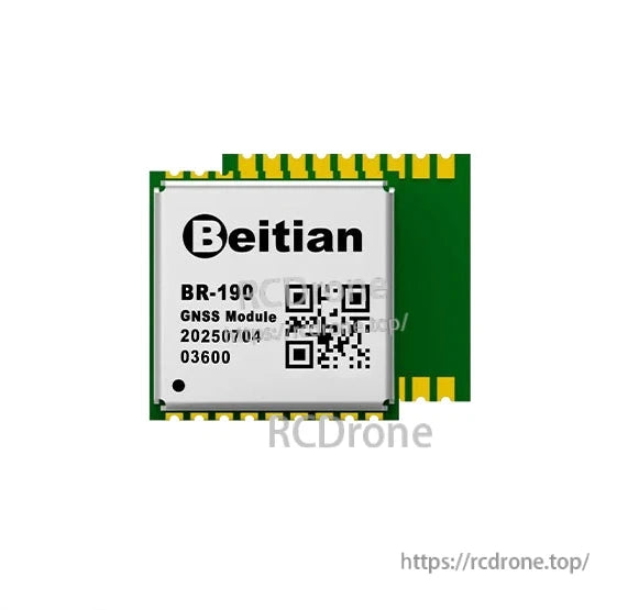 Beitian BR-190 GNSS module top view with label and QR code on PCB (comparison image)