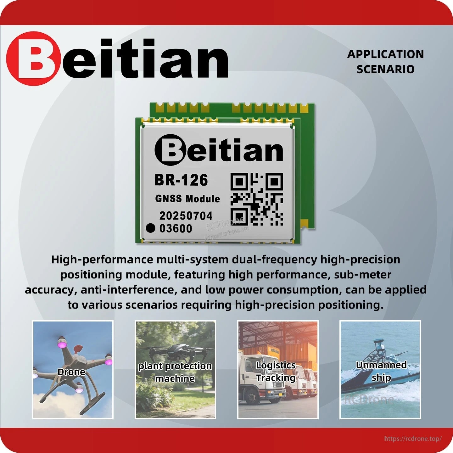BR-126 application scenario graphic for high-precision positioning: drone, agriculture, logistics, unmanned ship