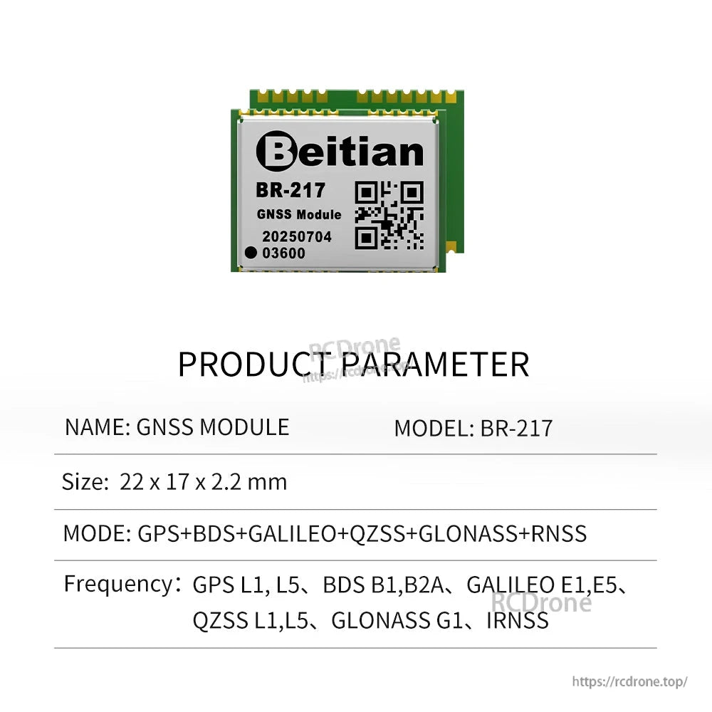 Product parameter table for Beitian BR-217 GNSS module with dimensions, mode, and frequency bands
