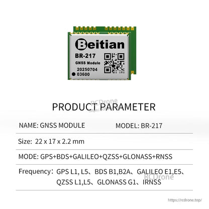 Product parameter table for Beitian BR-217 GNSS module with dimensions, mode, and frequency bands