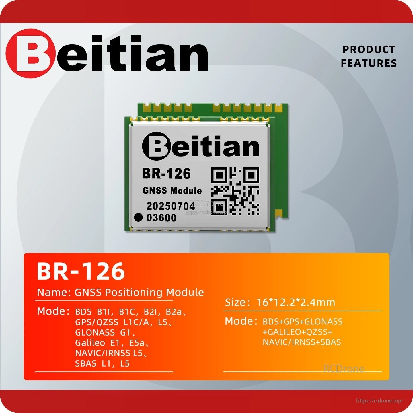 BR-126 GNSS positioning module features chart with listed satellite systems and 16×12.2×2.4 mm size