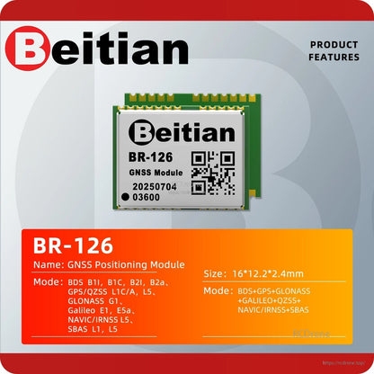 BR-126 GNSS positioning module features chart with listed satellite systems and 16×12.2×2.4 mm size