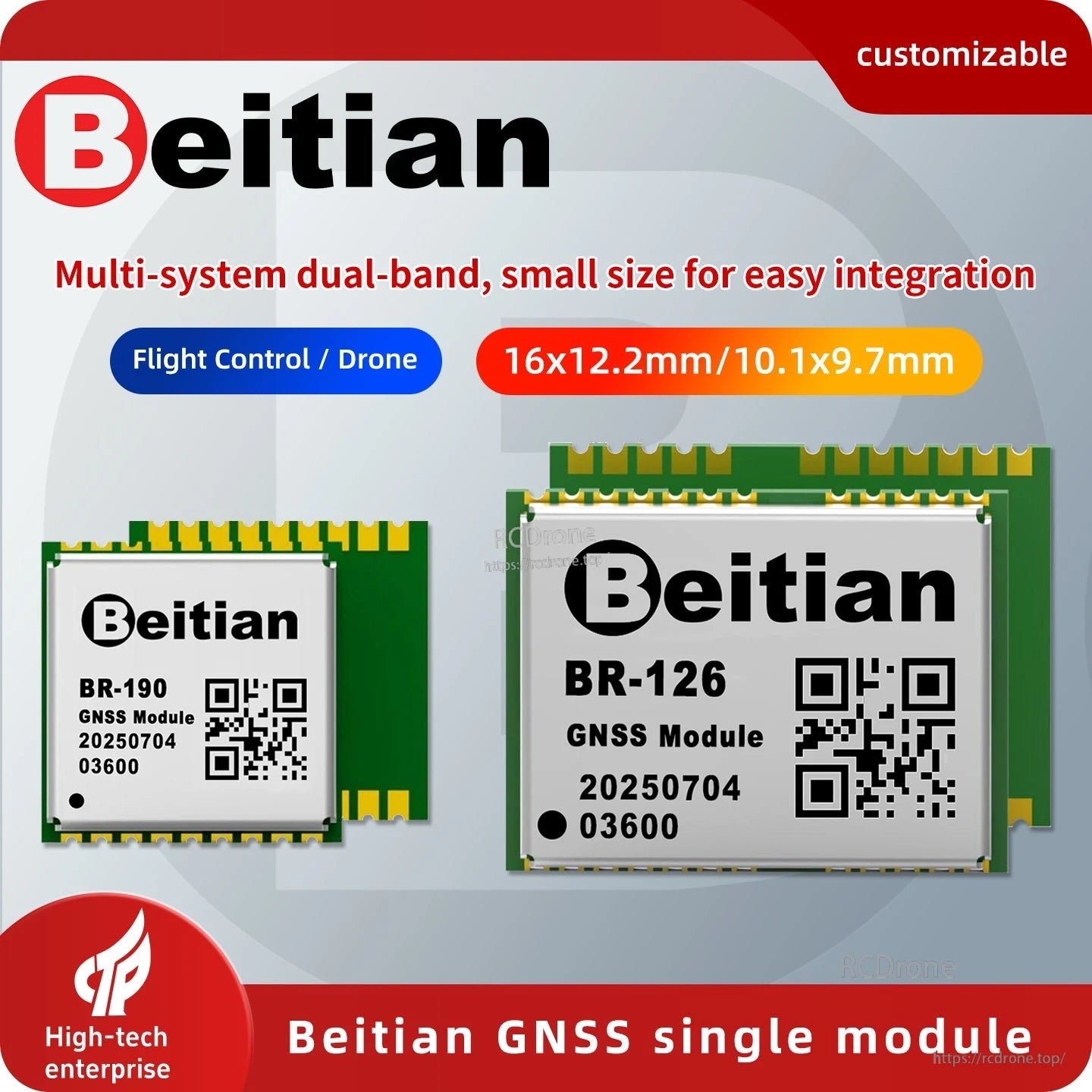 Dual-module size comparison graphic showing Beitian BR-126 and BR-190 dimensions for integration