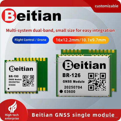 Dual-module size comparison graphic showing Beitian BR-126 and BR-190 dimensions for integration