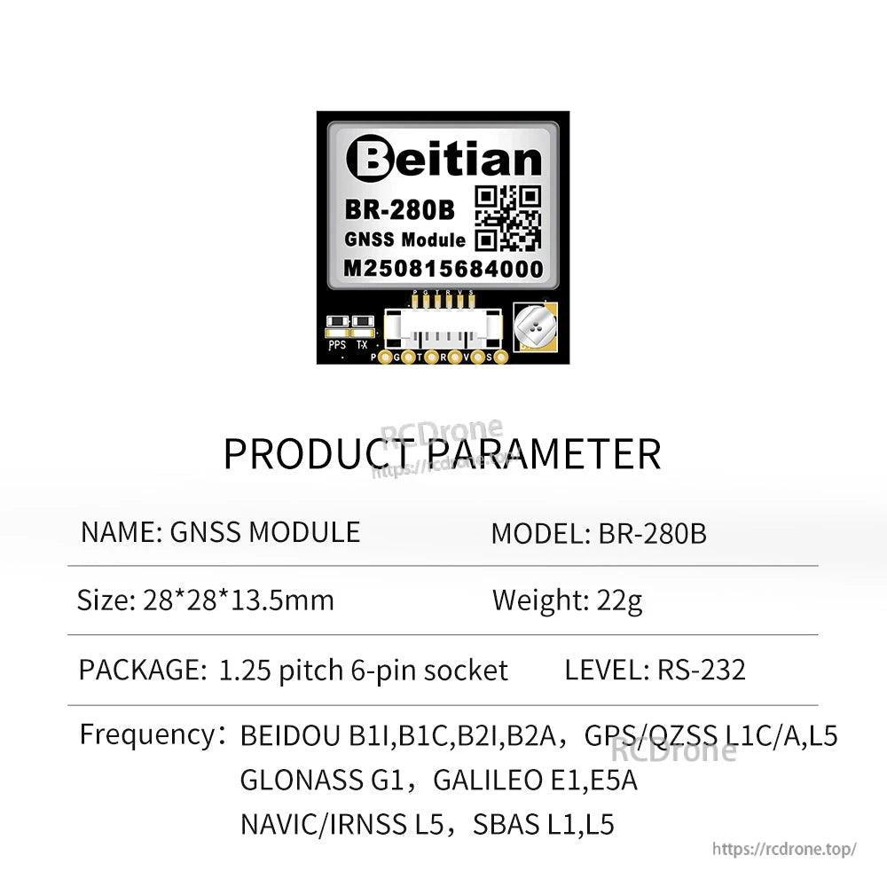 BR-280B product parameter sheet showing RS-232 level and 6-pin socket specification