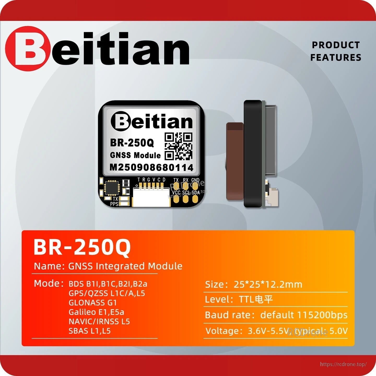 BR-250Q GNSS integrated module feature card with size, baud rate, voltage, and supported systems list