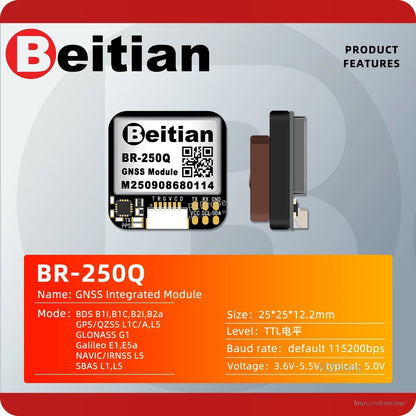 BR-250Q GNSS integrated module feature card with size, baud rate, voltage, and supported systems list