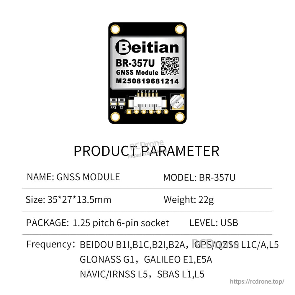 BR-357U product parameter sheet indicating USB level and 6-pin socket package