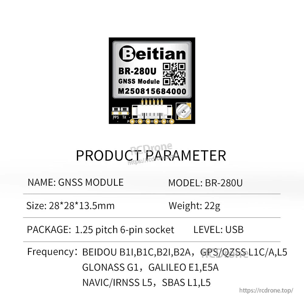 BR-280U product parameter sheet showing USB level and 6-pin socket specification