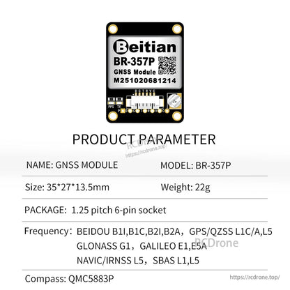 BR-357P product parameter sheet listing QMC5883P compass and 6-pin socket package