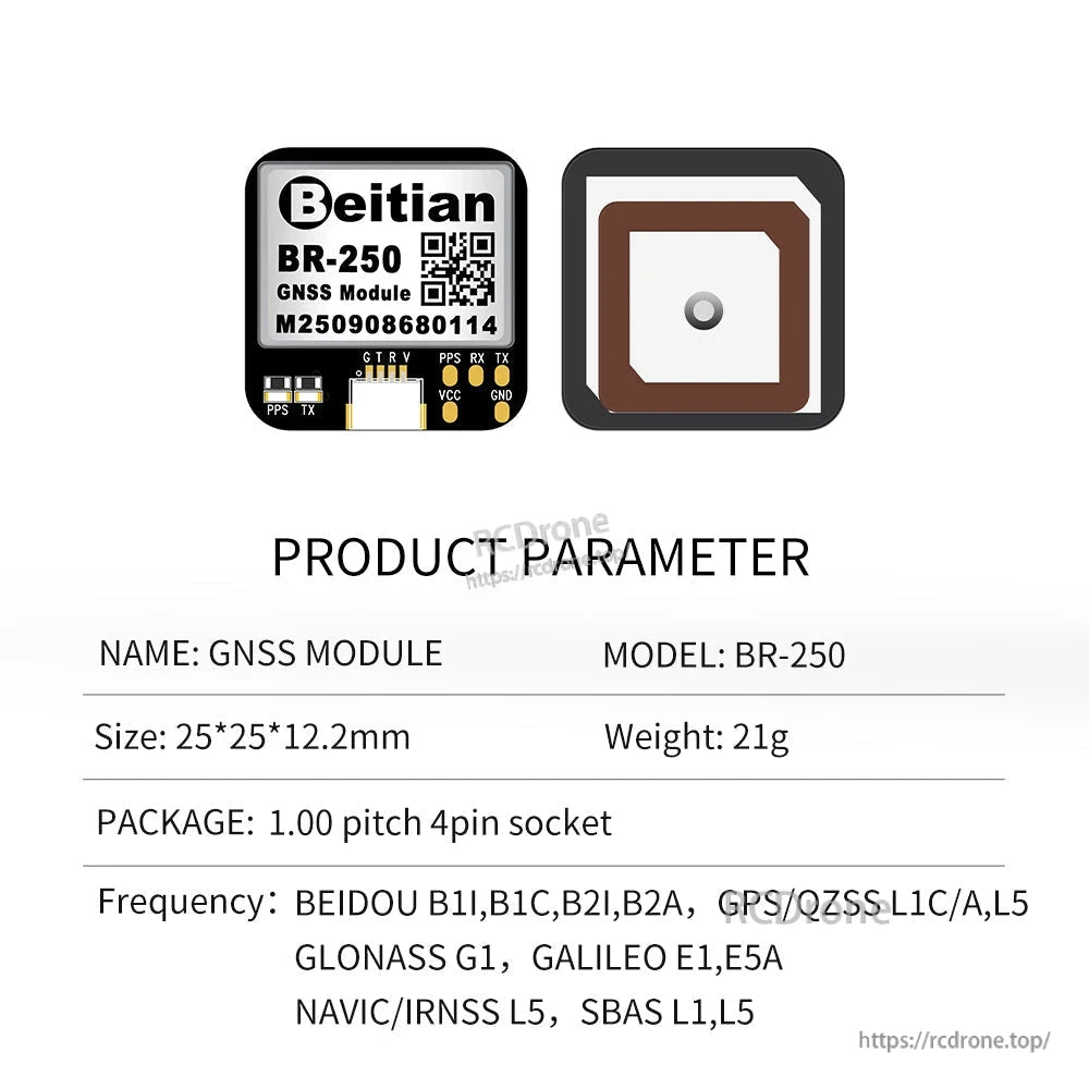 BR-250 product parameter sheet with module top view and square ceramic GNSS antenna diagram
