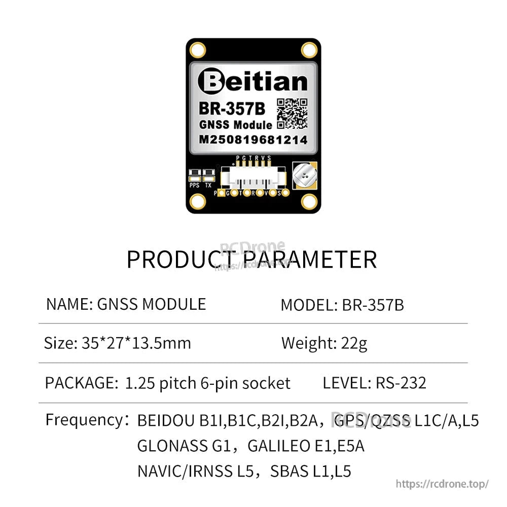 BR-357B product parameter sheet indicating RS-232 level and 6-pin socket package