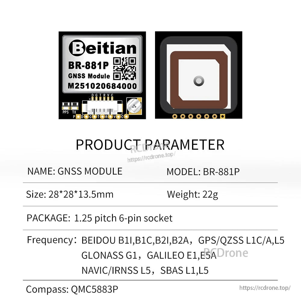 BR-881P product parameter sheet with module and ceramic antenna images plus QMC5883P compass line