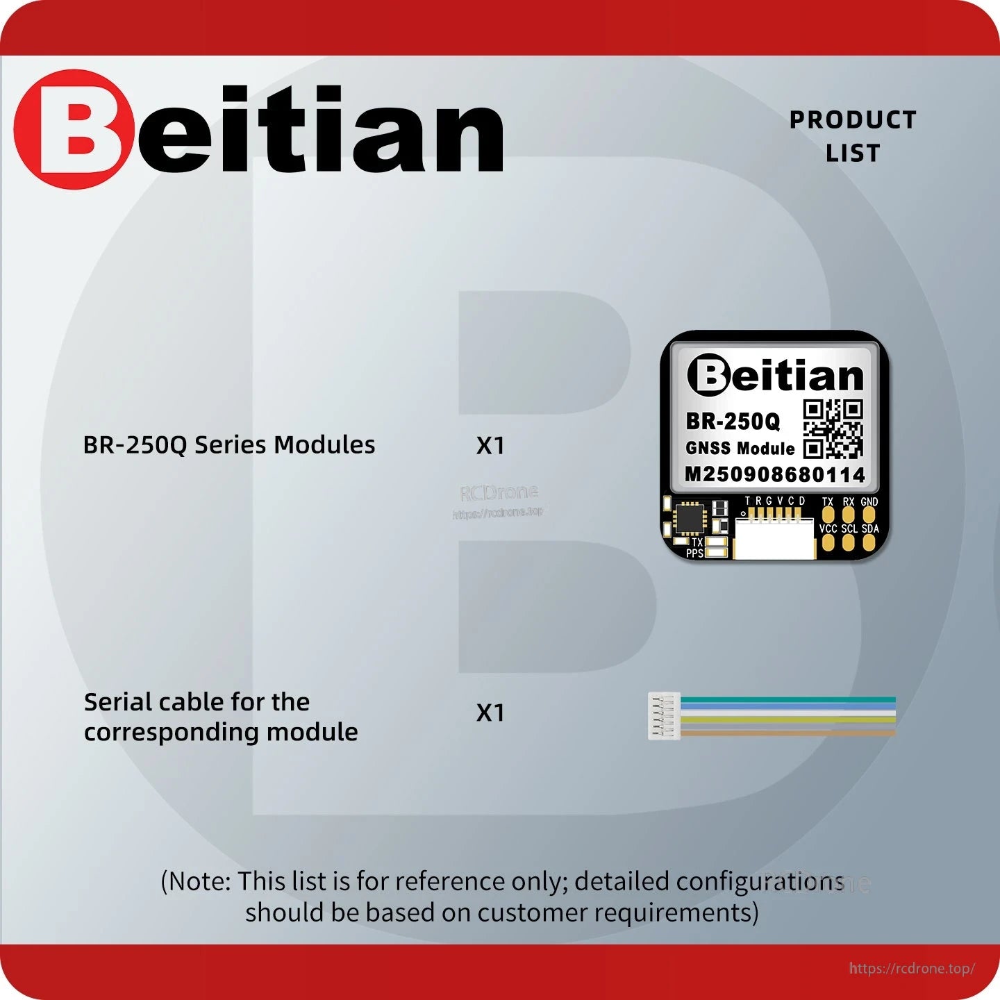Package contents list showing BR-250Q series GNSS module and matching serial cable (1 each)