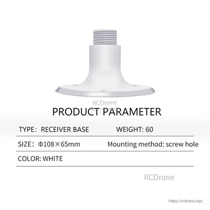 Receiver base product parameter table showing screw-hole mounting and size Ø108×65 mm