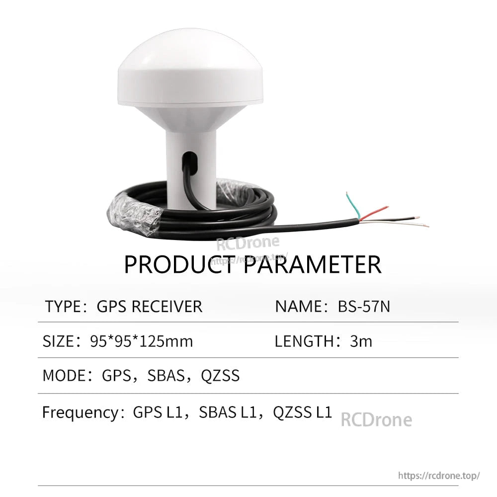 Product parameter table for BS-57N GPS receiver with 3 m cable and bare wire leads
