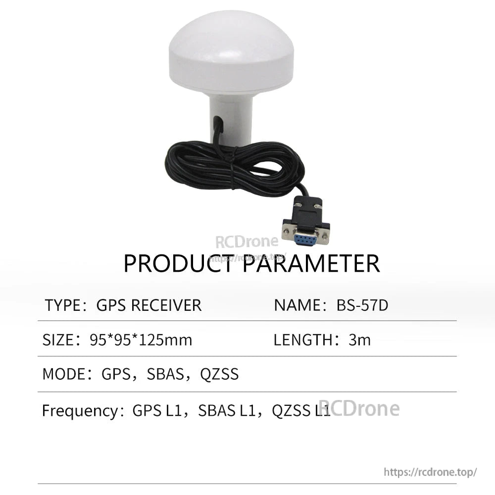 Product parameter table for BS-57D GPS receiver with 3 m cable and DB9 connector