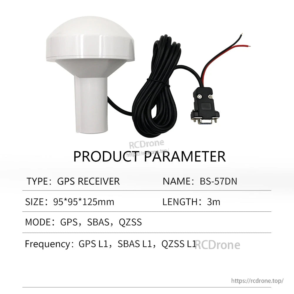 Product parameter table for BS-57DN GPS receiver with 3 m cable and wired connector lead