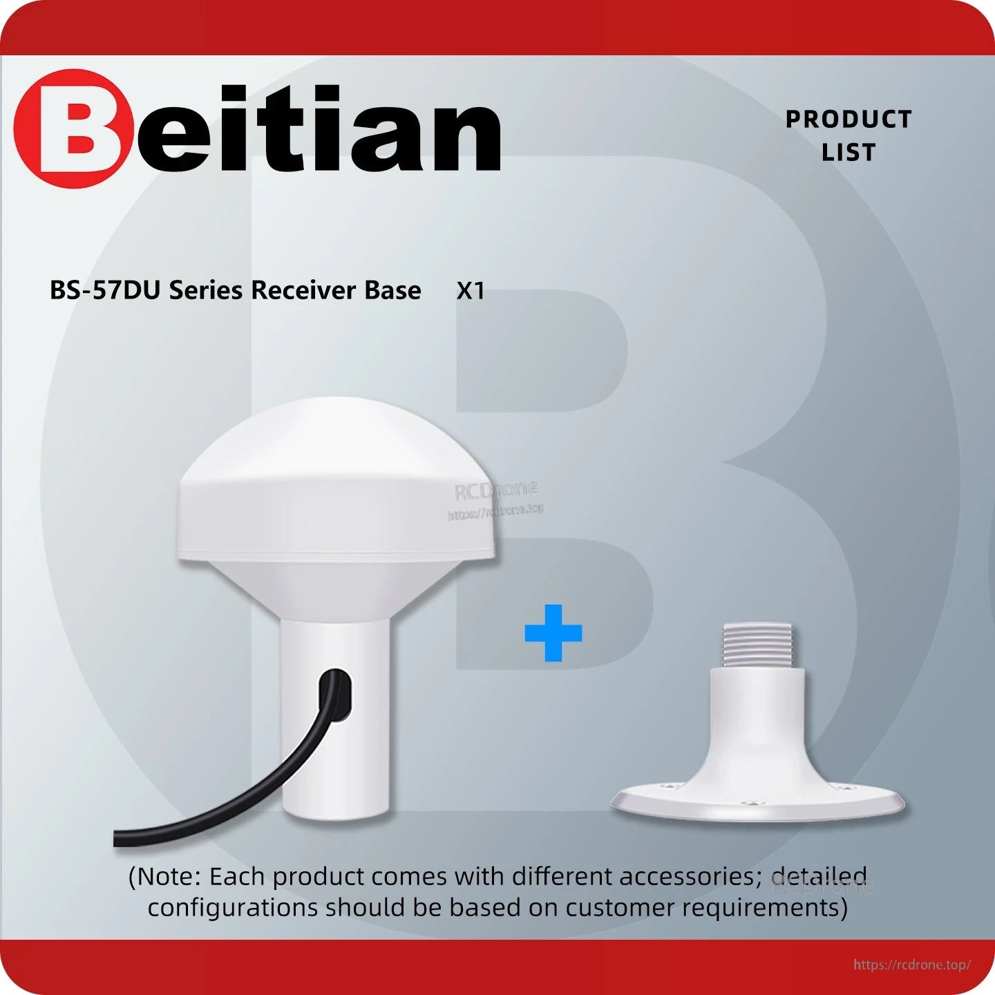 Package contents graphic showing BS-57DU series receiver base and separate mounting base