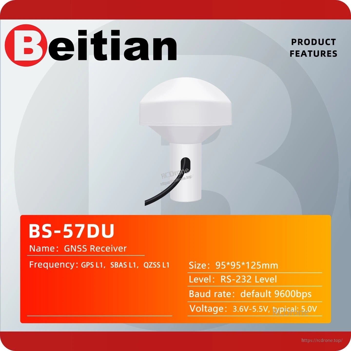Beitian BS-57DU GNSS receiver product features card with listed size and RS-232 level details
