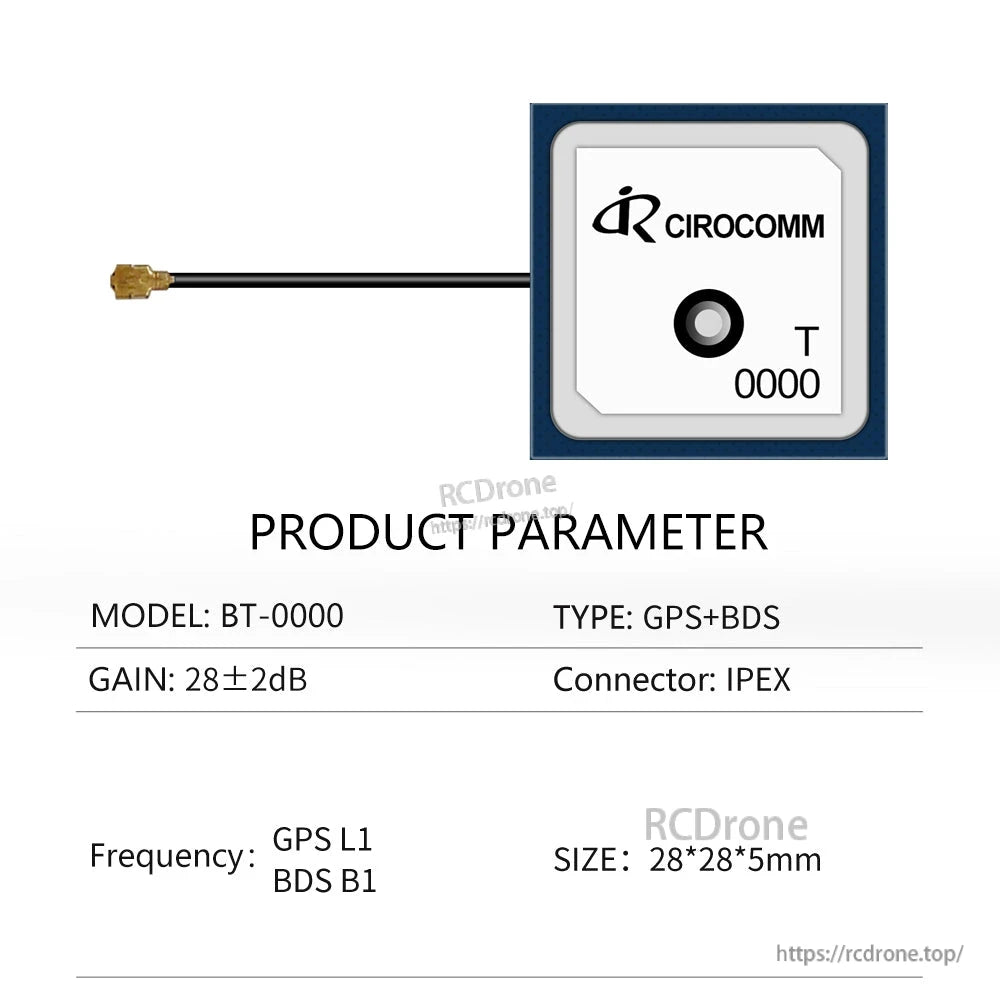 Product parameter sheet for model BT-0000 GPS+BDS antenna with IPEX connector and 28×28×5mm size