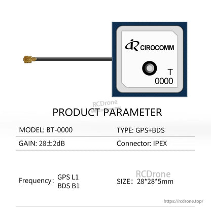 Product parameter sheet for model BT-0000 GPS+BDS antenna with IPEX connector and 28×28×5mm size