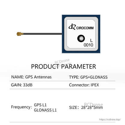 Product parameter sheet for GPS+GLONASS antenna (model 0010) with IPEX connector and 28×28×5mm size