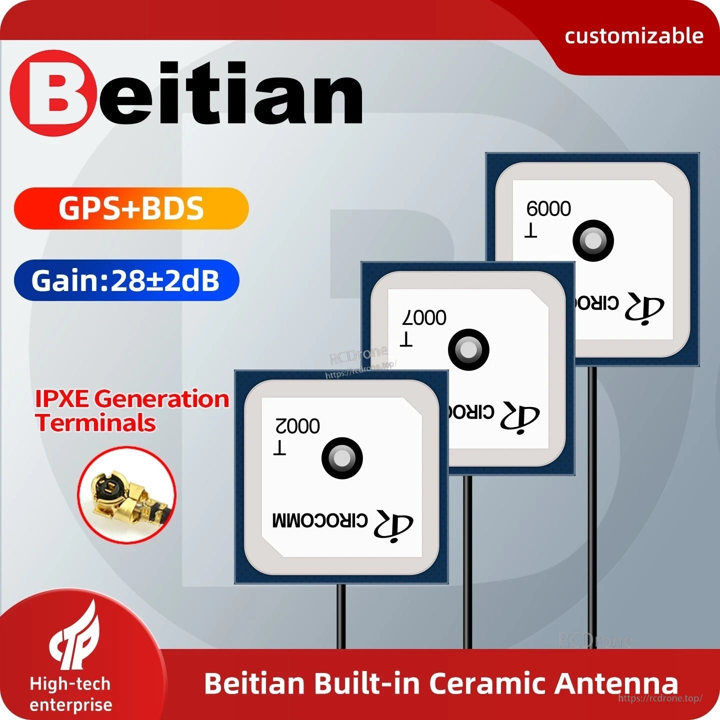 Beitian BT-0000 GNSS antenna feature graphic showing GPS+BDS support, gain and IPEX terminal
