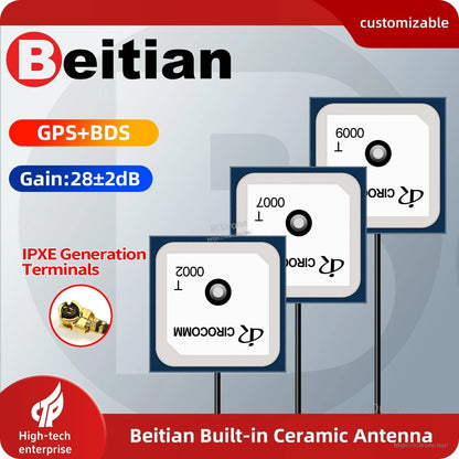 Beitian BT-0000 GNSS antenna feature graphic showing GPS+BDS support, gain and IPEX terminal