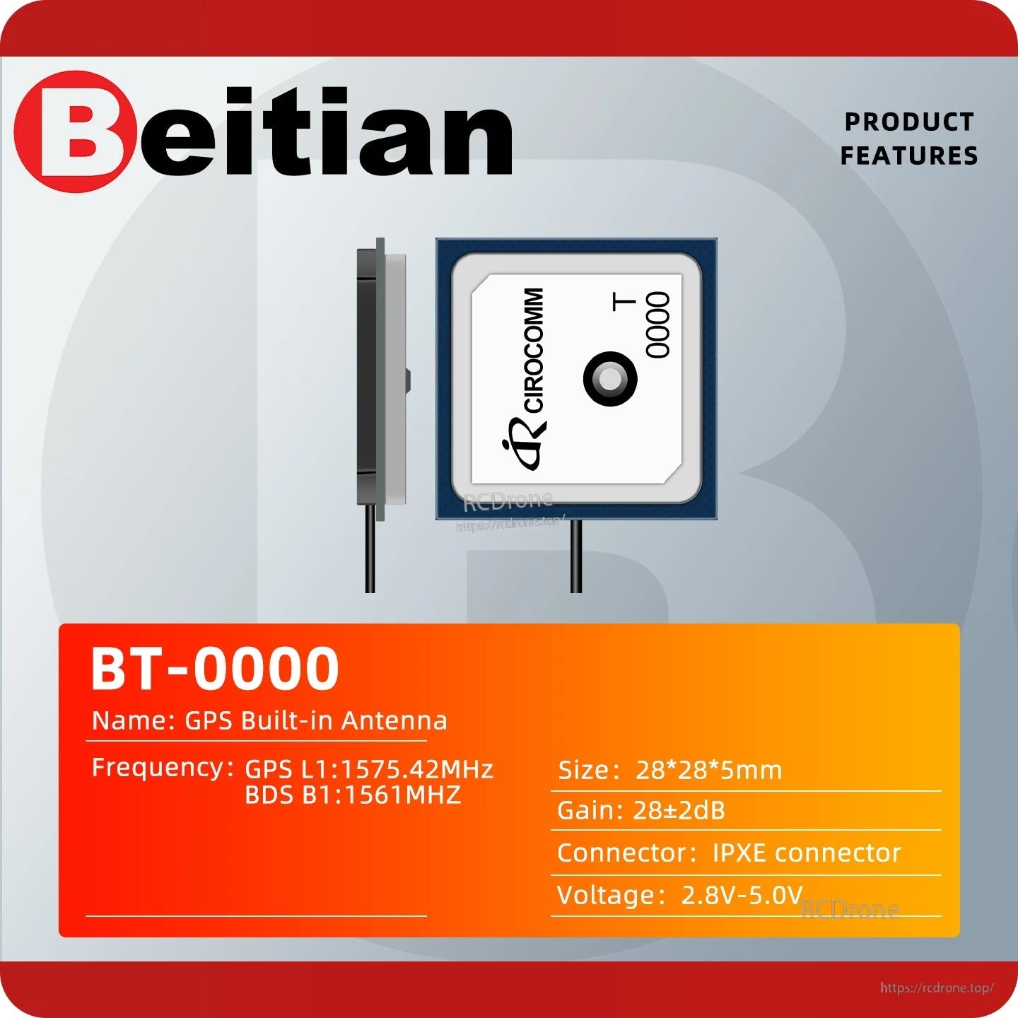 BT-0000 product features sheet showing antenna side profile and top view with size and frequency table