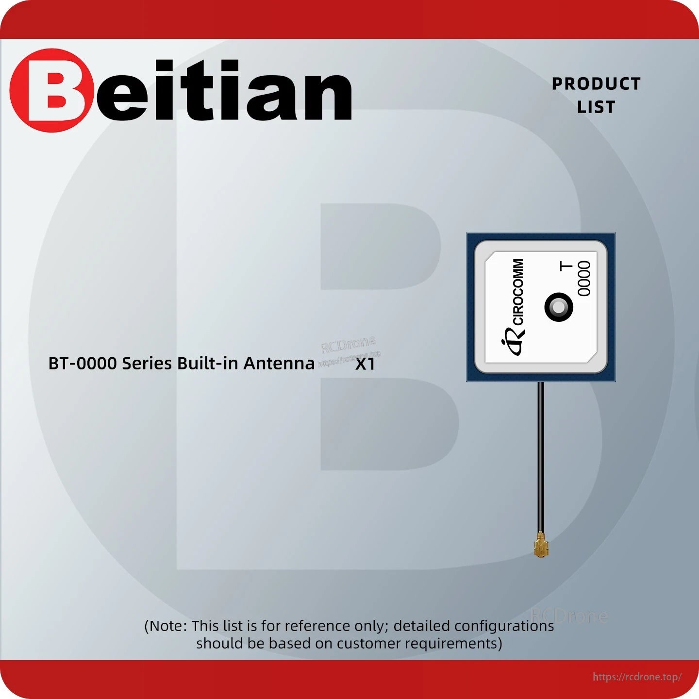 Package contents graphic: BT-0000 series built-in antenna x1 with attached lead and connector