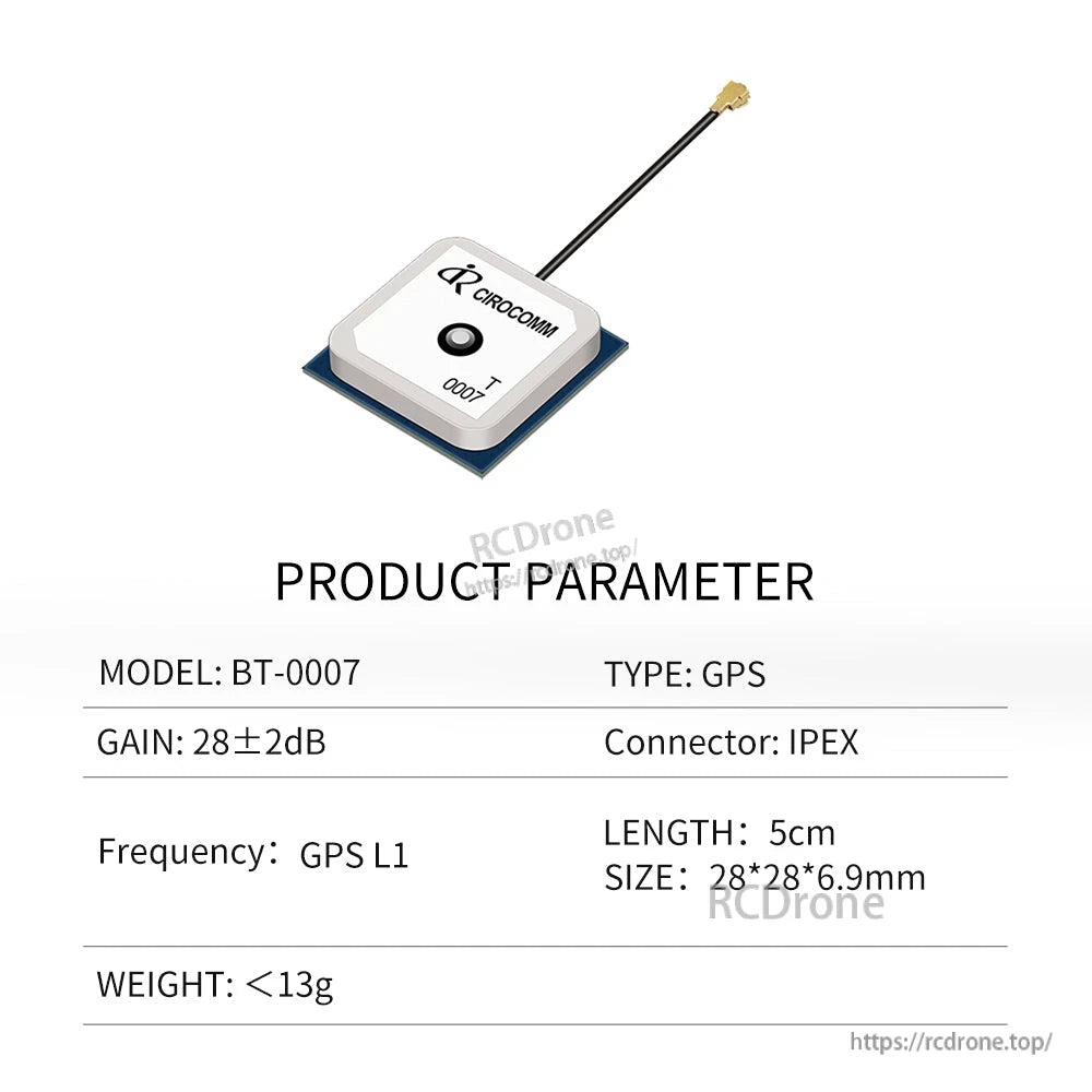 Product parameter sheet for model BT-0007 GPS antenna with angled module view, 5cm cable and IPEX connector