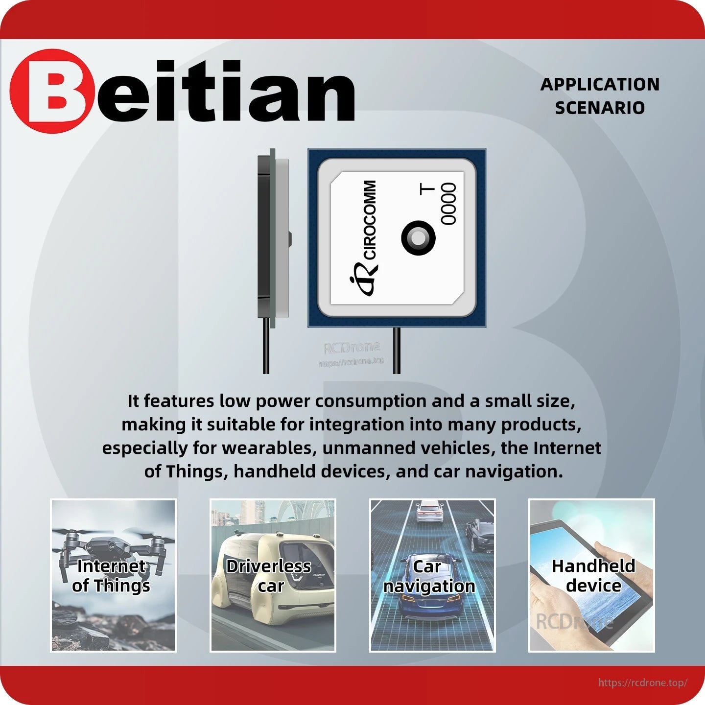 Application scenario graphic for BT-0000 showing use cases: IoT, driverless car, navigation, handheld
