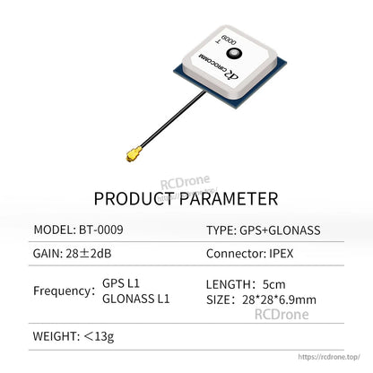 Product parameter sheet for model BT-0009 GPS+GLONASS antenna, 5cm cable length and IPEX connector