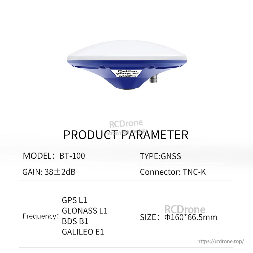 Product parameter chart for BT-100 GNSS antenna showing model, gain, connector, and size