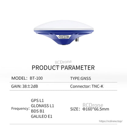 Product parameter chart for BT-100 GNSS antenna showing model, gain, connector, and size