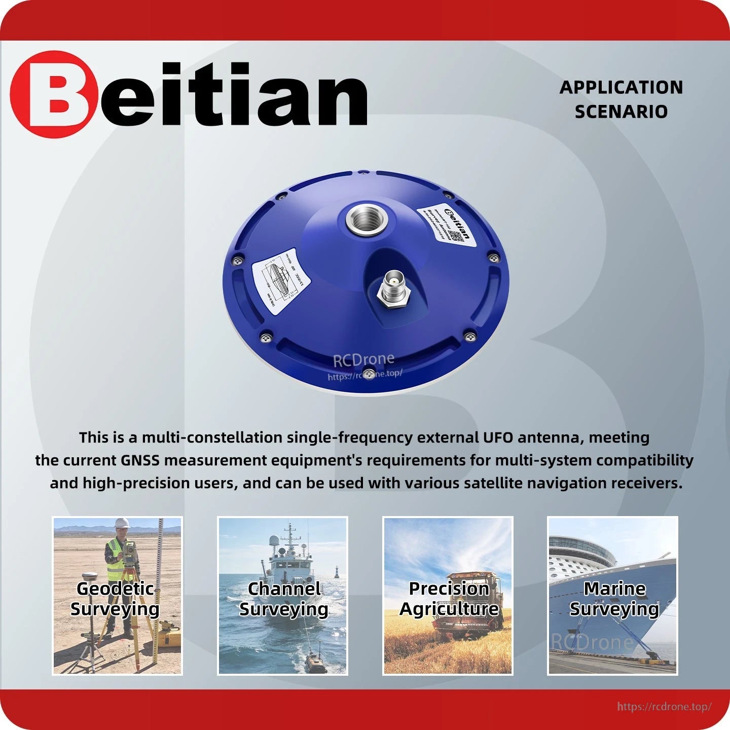 BT-100 application scenarios graphic for surveying, precision agriculture, and marine surveying