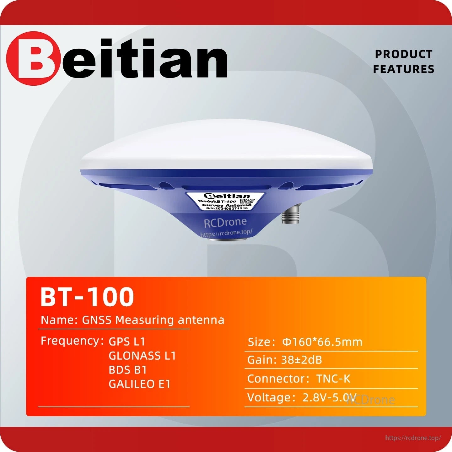 BT-100 product features graphic listing GNSS bands, size, gain, voltage, and TNC-K connector