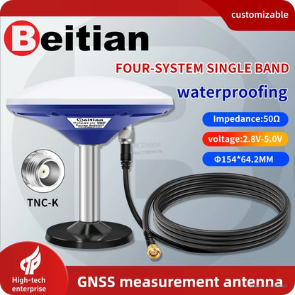 Beitian BT-100 GNSS measurement antenna infographic with TNC-K connector and cable shown