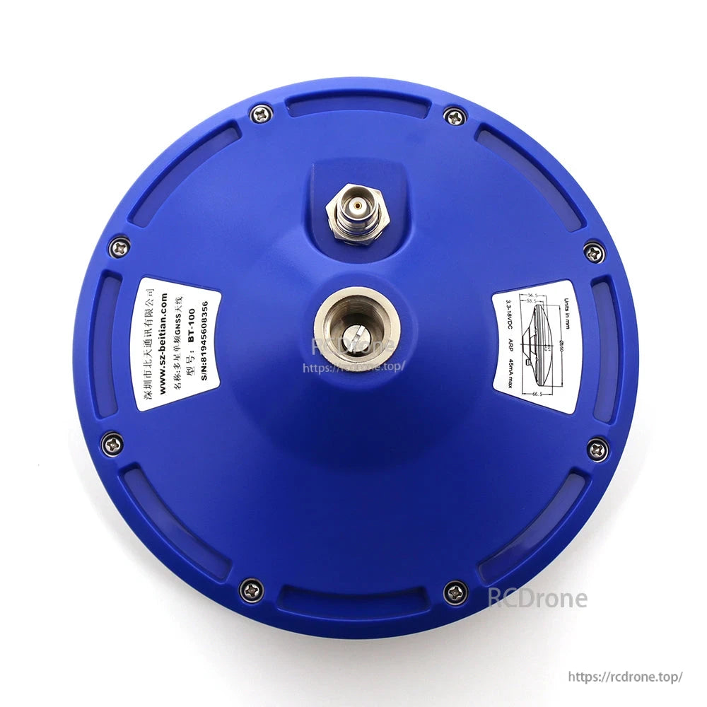 Bottom view of Beitian BT-100 antenna housing showing connector port and mounting thread