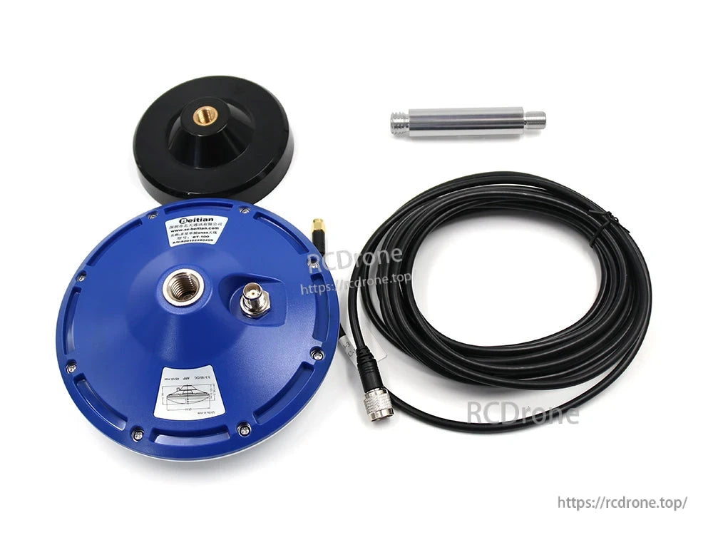 BT-100 GNSS antenna kit on white background with cable coil, mount base, and metal extension